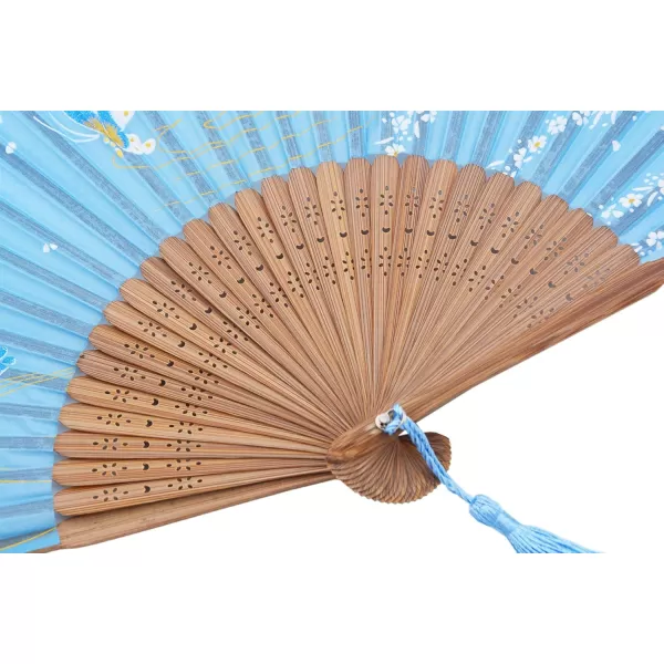 Amajiji Charming Elegant Modern Woman Handmade Bamboo Silk 827quot Folding Hand Fan Blue