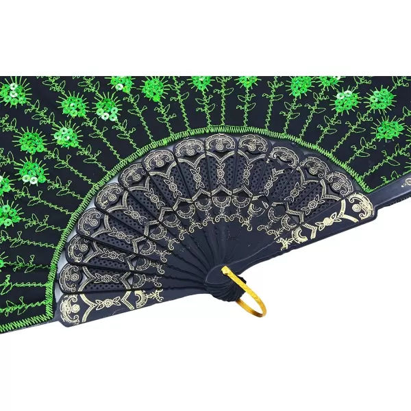 Amajiji Folding Fans for WomenHandmade Elegant Colorful Embroidered Flower Peacock Pattern Sequin Fabric Folding Fans Green