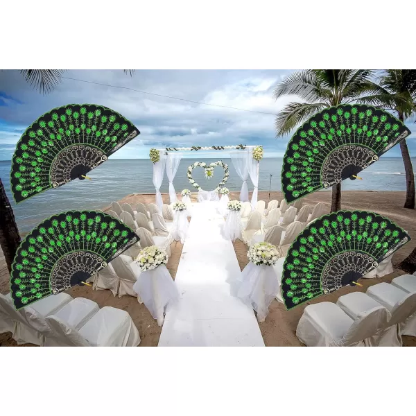 Amajiji Folding Fans for WomenHandmade Elegant Colorful Embroidered Flower Peacock Pattern Sequin Fabric Folding Fans Green