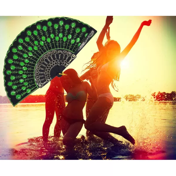 Amajiji Folding Fans for WomenHandmade Elegant Colorful Embroidered Flower Peacock Pattern Sequin Fabric Folding Fans Green