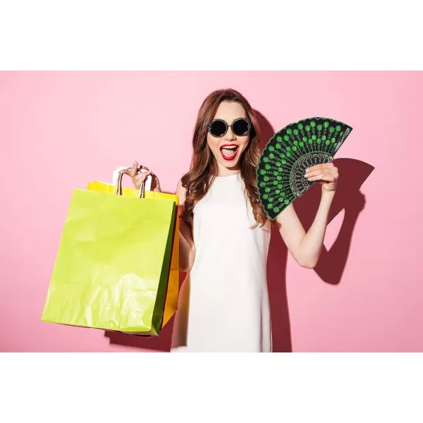 Amajiji Folding Fans for WomenHandmade Elegant Colorful Embroidered Flower Peacock Pattern Sequin Fabric Folding Fans Green