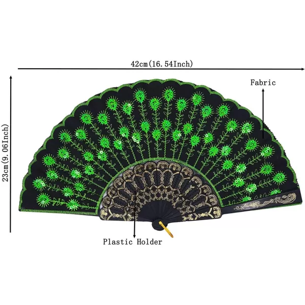 Amajiji Folding Fans for WomenHandmade Elegant Colorful Embroidered Flower Peacock Pattern Sequin Fabric Folding Fans Green