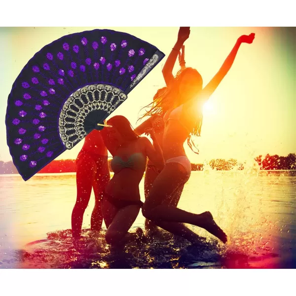 Amajiji Folding Fans for WomenHandmade Elegant Colorful Embroidered Flower Peacock Pattern Sequin Fabric Folding Fans Purple