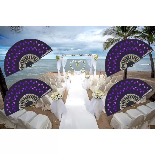 Amajiji Folding Fans for WomenHandmade Elegant Colorful Embroidered Flower Peacock Pattern Sequin Fabric Folding Fans Purple