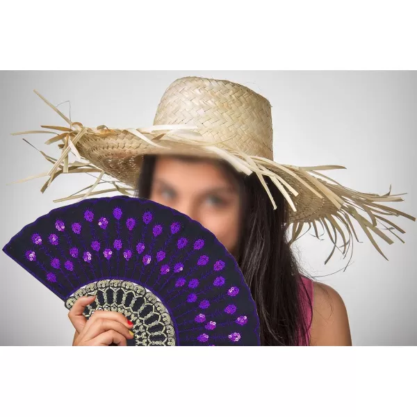 Amajiji Folding Fans for WomenHandmade Elegant Colorful Embroidered Flower Peacock Pattern Sequin Fabric Folding Fans Purple