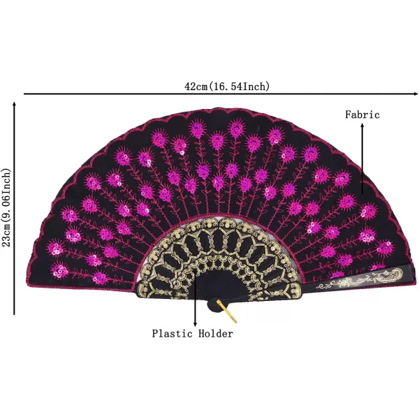 Amajiji Folding Fans for WomenHandmade Elegant Colorful Embroidered Flower Peacock Pattern Sequin Fabric Folding Fans Rose Red