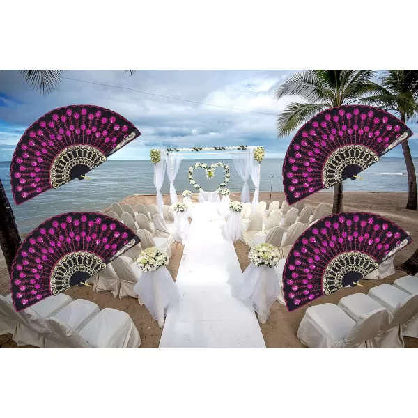 Amajiji Folding Fans for WomenHandmade Elegant Colorful Embroidered Flower Peacock Pattern Sequin Fabric Folding Fans Rose Red