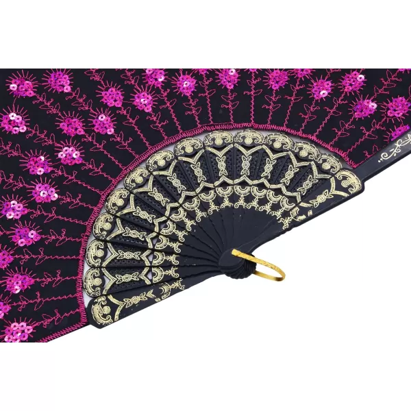 Amajiji Folding Fans for WomenHandmade Elegant Colorful Embroidered Flower Peacock Pattern Sequin Fabric Folding Fans Rose Red