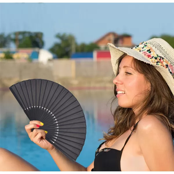 Amajiji Folding Hand Fans Black Bamboo Silk HandHeld Folding Fans for WomenBlack 2Pcs