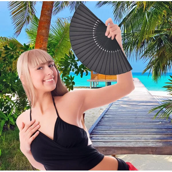 Amajiji Folding Hand Fans Black Bamboo Silk HandHeld Folding Fans for WomenBlack 2Pcs