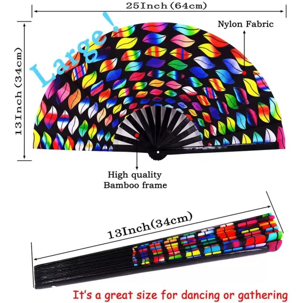 Amajiji Large Folding Hand Rave Fan Clack Fans for WomenMen ChineaseJapanese Bamboo and NylonCloth Hand held Folding Fan Hand Fan Festival Fan Gift Fan Craft Fan Dance Fan Carnival ightsColorful lips