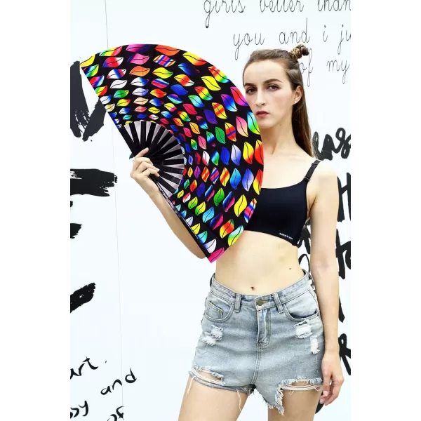 Amajiji Large Folding Hand Rave Fan Clack Fans for WomenMen ChineaseJapanese Bamboo and NylonCloth Hand held Folding Fan Hand Fan Festival Fan Gift Fan Craft Fan Dance Fan Carnival ightsColorful lips