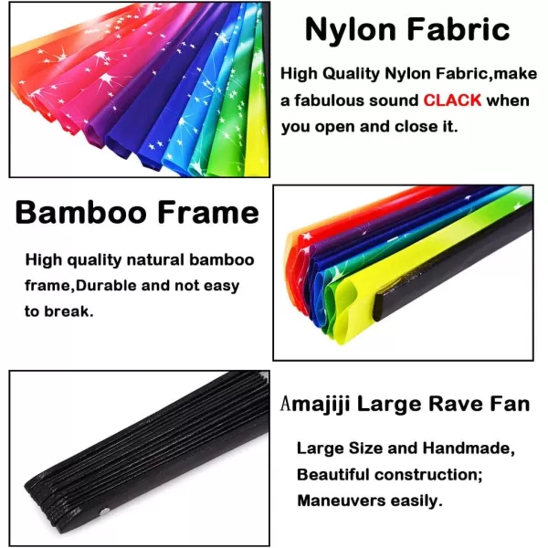 Amajiji Large Folding Hand Rave Fan Clack Fans for WomenMen ChineaseJapanese Bamboo and NylonCloth Hand held Folding Fan Hand Fan Festival Fan Gift Fan Craft Fan Dance Fan Carnival ightsColorful Rainbow