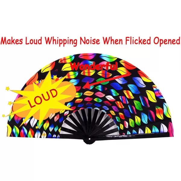 Amajiji Large Folding Hand Rave Fan Clack Fans for WomenMen ChineaseJapanese Bamboo and NylonCloth Hand held Folding Fan Hand Fan Festival Fan Gift Fan Craft Fan Dance Fan Carnival ightsColorful lips