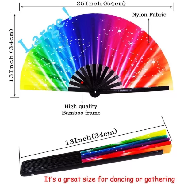 Amajiji Large Folding Hand Rave Fan Clack Fans for WomenMen ChineaseJapanese Bamboo and NylonCloth Hand held Folding Fan Hand Fan Festival Fan Gift Fan Craft Fan Dance Fan Carnival ightsColorful Rainbow