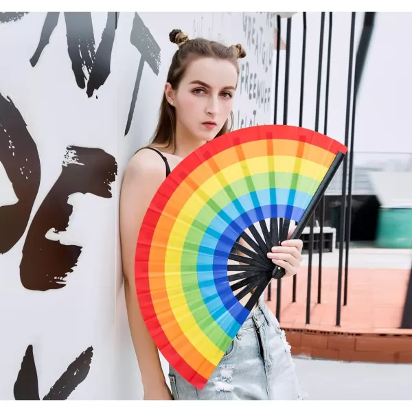 Amajiji Large Folding Hand Rave Fan for WomenMen ChineaseJapanese Bamboo and NylonCloth Folding Hand Fan Hand Fan Festival Fan Gift Fan Craft Fan Folding Fan Dance Fan Disco BassRainbow