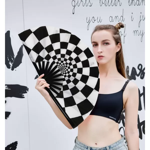 Amajiji Large Folding Hand Rave Fan for WomenMen ChineaseJapanese Bamboo and NylonCloth Folding Hand Fan Hand Fan Festival Fan Gift Fan Craft Fan Folding Fan Dance FanSpeed Checkered