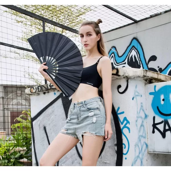 Amajiji Large Folding Hand Rave Fan for WomenMen ChineaseJapanese Bamboo and NylonCloth Folding Hand Fan for Performance Festival Events Gift Craft Dance Decorations BlackBlack