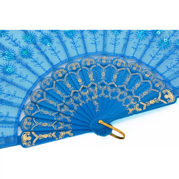 Amajiji Womans Folding FansHandmade Embroidered Flower Peacock Pattern Sequin Fabric Folding Fans Sky Blue