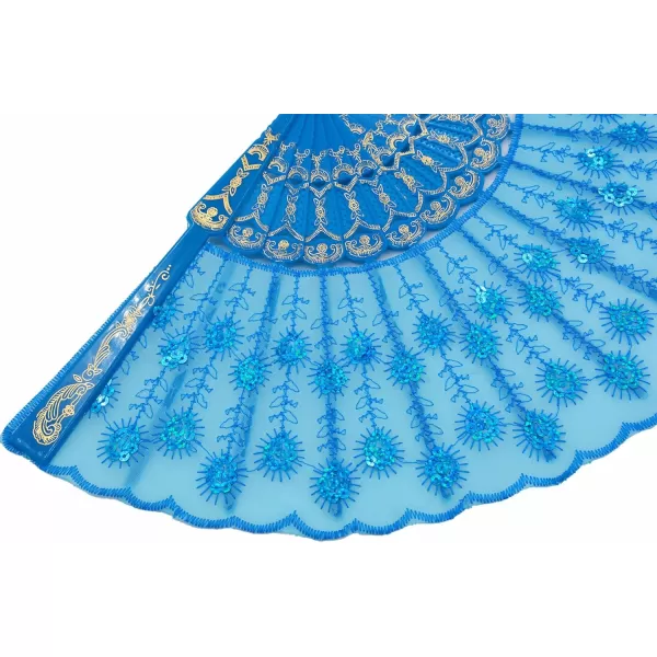 Amajiji Womans Folding FansHandmade Embroidered Flower Peacock Pattern Sequin Fabric Folding Fans Sky Blue