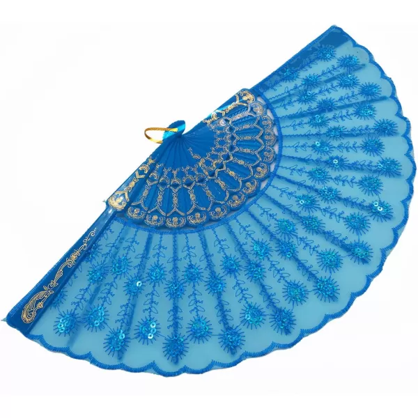Amajiji Womans Folding FansHandmade Embroidered Flower Peacock Pattern Sequin Fabric Folding Fans Sky Blue