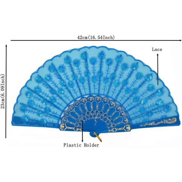 Amajiji Womans Folding FansHandmade Embroidered Flower Peacock Pattern Sequin Fabric Folding Fans Sky Blue