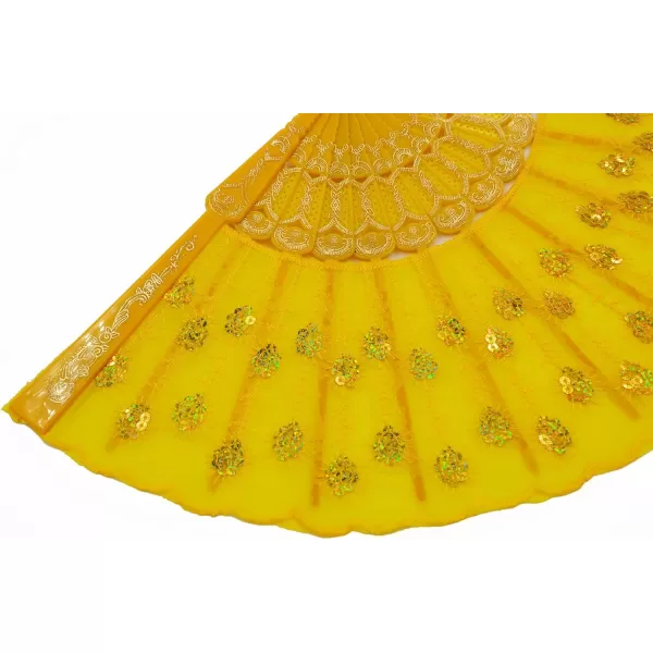 Amajiji Womans Folding FansHandmade Embroidered Flower Peacock Pattern Sequin Fabric Folding Fans Yellow