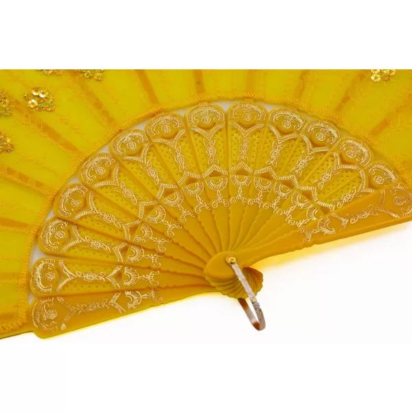 Amajiji Womans Folding FansHandmade Embroidered Flower Peacock Pattern Sequin Fabric Folding Fans Yellow