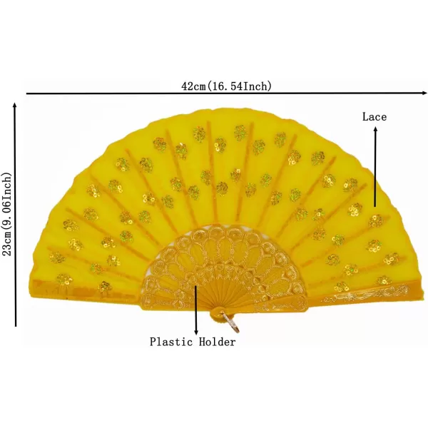 Amajiji Womans Folding FansHandmade Embroidered Flower Peacock Pattern Sequin Fabric Folding Fans Yellow