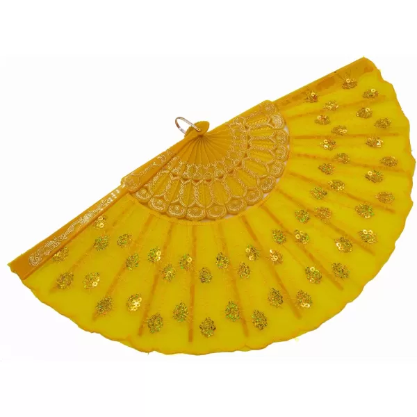 Amajiji Womans Folding FansHandmade Embroidered Flower Peacock Pattern Sequin Fabric Folding Fans Yellow