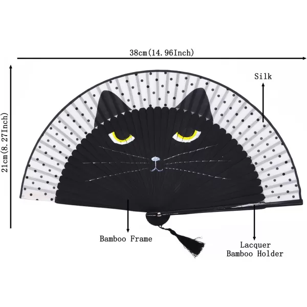 Amajiji Women Lovely Black Cat Folding Silk Fan Handheld Fan for Wedding Dancing Church Party Gifts Black