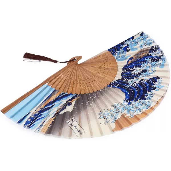 Amajiji quotSea Waves 827quot21cm ChineaseJapanese Hand Held Silk Folding Fan with Bamboo FrameHollow Carve Patterns Bamboo Frame Women Hand Folding Fans Hand Fan Gift fan Folding Fan Sea Waves