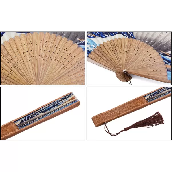 Amajiji quotSea Waves 827quot21cm ChineaseJapanese Hand Held Silk Folding Fan with Bamboo FrameHollow Carve Patterns Bamboo Frame Women Hand Folding Fans Hand Fan Gift fan Folding Fan Sea Waves