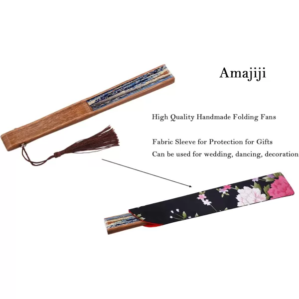 Amajiji quotSea Waves 827quot21cm ChineaseJapanese Hand Held Silk Folding Fan with Bamboo FrameHollow Carve Patterns Bamboo Frame Women Hand Folding Fans Hand Fan Gift fan Folding Fan Sea Waves