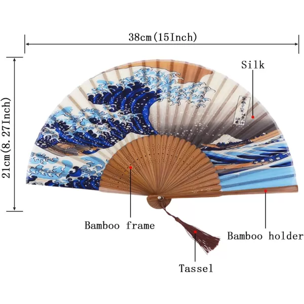 Amajiji quotSea Waves 827quot21cm ChineaseJapanese Hand Held Silk Folding Fan with Bamboo FrameHollow Carve Patterns Bamboo Frame Women Hand Folding Fans Hand Fan Gift fan Folding Fan Sea Waves