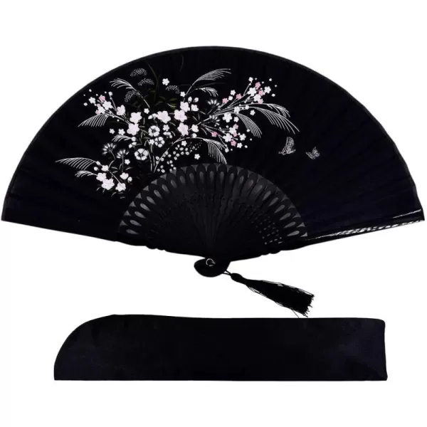 Amajiji 827quot21cm Hand Held Bamboo Silk Folding Fan Hand FanChineseJapanese Charming Elegant Vintage Retro StyleWomen Ladys Girls Best Gifts BlackBlack1