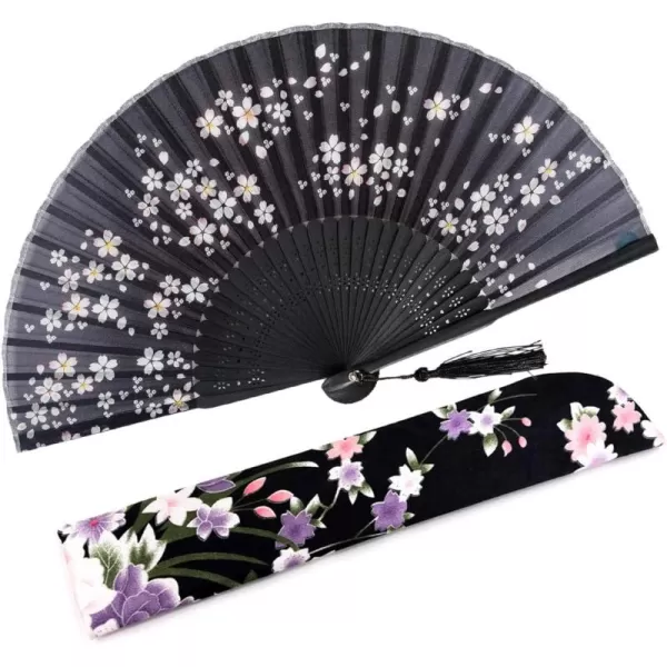 Amajiji 827quot21cm Hand Held Bamboo Silk Folding Fan Hand FanChineseJapanese Charming Elegant Vintage Retro StyleWomen Ladys Girls Best Gifts BlackBlack Little Sakura