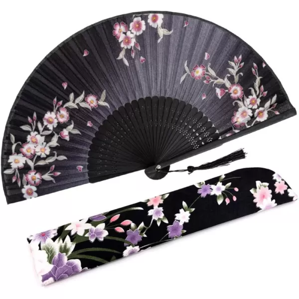 Amajiji 827quot21cm Hand Held Bamboo Silk Folding Fan Hand FanChineseJapanese Charming Elegant Vintage Retro StyleWomen Ladys Girls Best Gifts BlackBlack Redbud