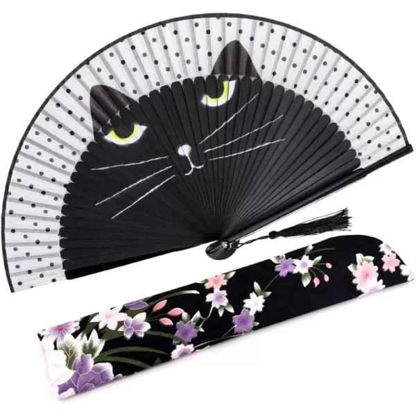 Amajiji 827quot21cm Hand Held Bamboo Silk Folding Fan Hand FanChineseJapanese Charming Elegant Vintage Retro StyleWomen Ladys Girls Best Gifts BlackBlack Cat