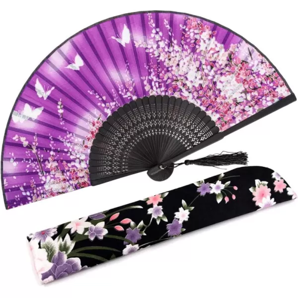 Amajiji 827quot21cm Hand Held Bamboo Silk Folding Fan Hand FanChineseJapanese Charming Elegant Vintage Retro StyleWomen Ladys Girls Best Gifts BlackPurple Butterfly