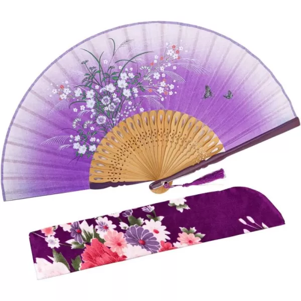 Amajiji 827quot21cm Hand Held Bamboo Silk Folding Fan Hand FanChineseJapanese Charming Elegant Vintage Retro StyleWomen Ladys Girls Best Gifts BlackPurple Grassflower