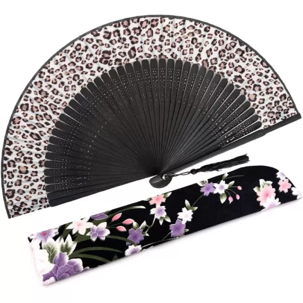 Amajiji 827quot21cm Hand Held Bamboo Silk Folding Fan Hand FanChineseJapanese Charming Elegant Vintage Retro StyleWomen Ladys Girls Best Gifts BlackSexy Black  Leopard Print