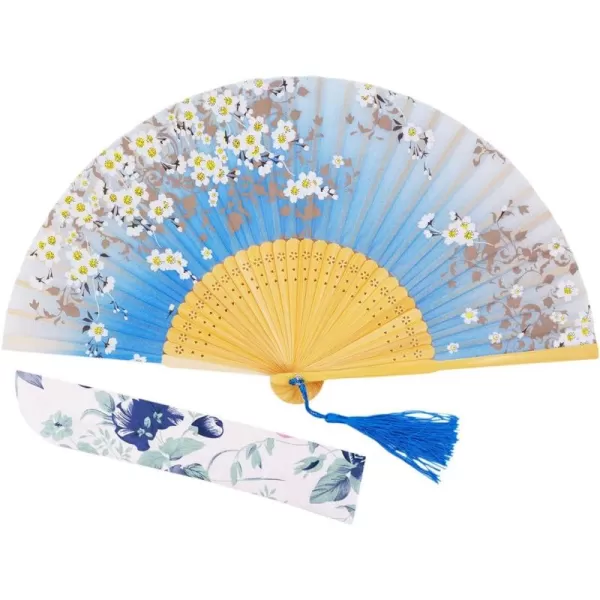 Amajiji 827quot21cm Hand Held Bamboo Silk Folding Fan Hand FanChineseJapanese Charming Elegant Vintage Retro StyleWomen Ladys Girls Best Gifts BlackSkyblue