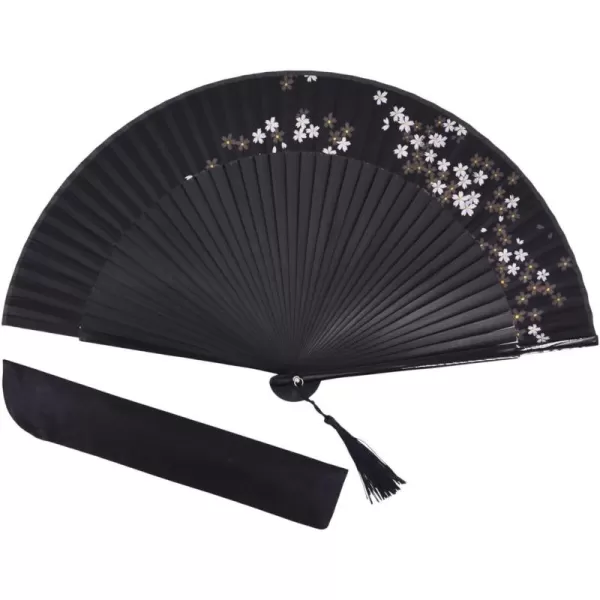 Amajiji Bamboo Wood Silk Folding Fan ChineseJapanese Vintage Retro Style Handmade Silk Black Hand Fan with a Fabric Sleeve and Tassels Black