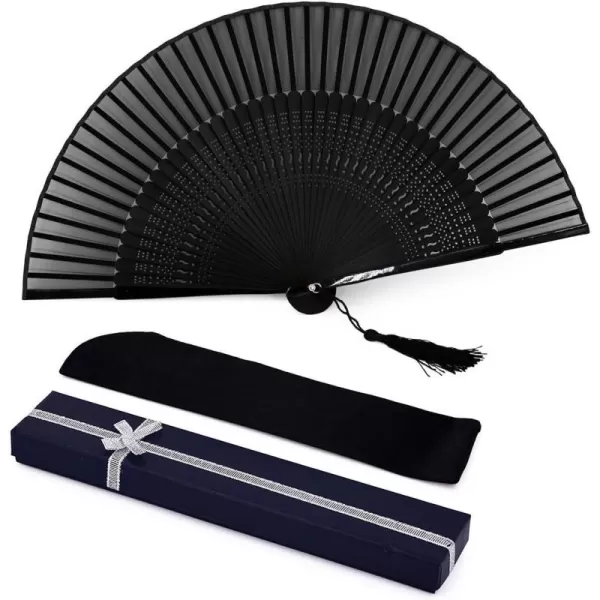 Amajiji Black Blank Silk Bamboo Folding Fans ChineseJapanese Classical Simplicity Style Silk Fans for DIY Decoration Wedding Party Dance Easter Gift Props Kimono Black Carving