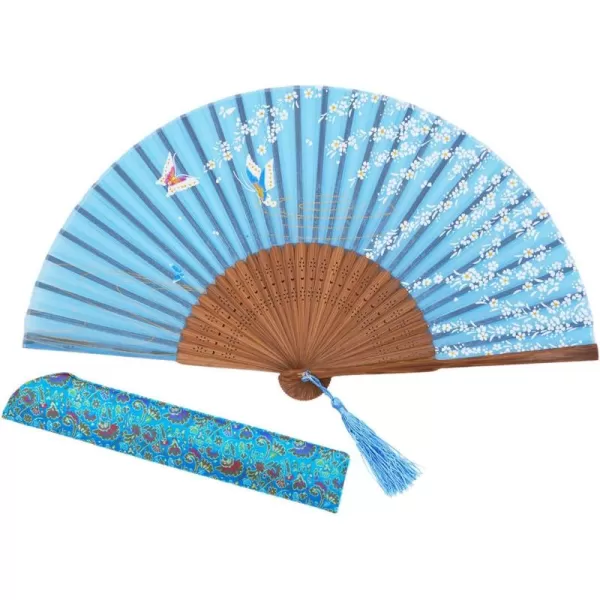 Amajiji Charming Elegant Modern Woman Handmade Bamboo Silk 827quot Folding Hand Fan Blue