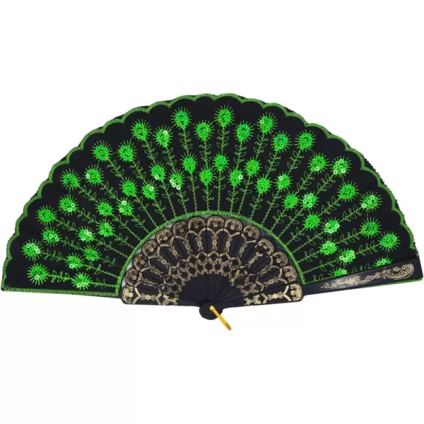 Amajiji Folding Fans for WomenHandmade Elegant Colorful Embroidered Flower Peacock Pattern Sequin Fabric Folding Fans Green