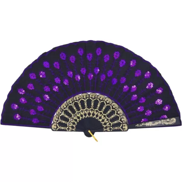 Amajiji Folding Fans for WomenHandmade Elegant Colorful Embroidered Flower Peacock Pattern Sequin Fabric Folding Fans Purple
