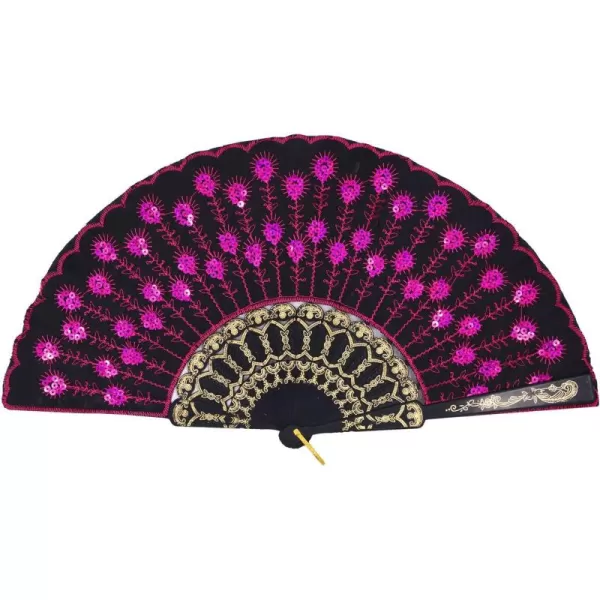 Amajiji Folding Fans for WomenHandmade Elegant Colorful Embroidered Flower Peacock Pattern Sequin Fabric Folding Fans Rose Red