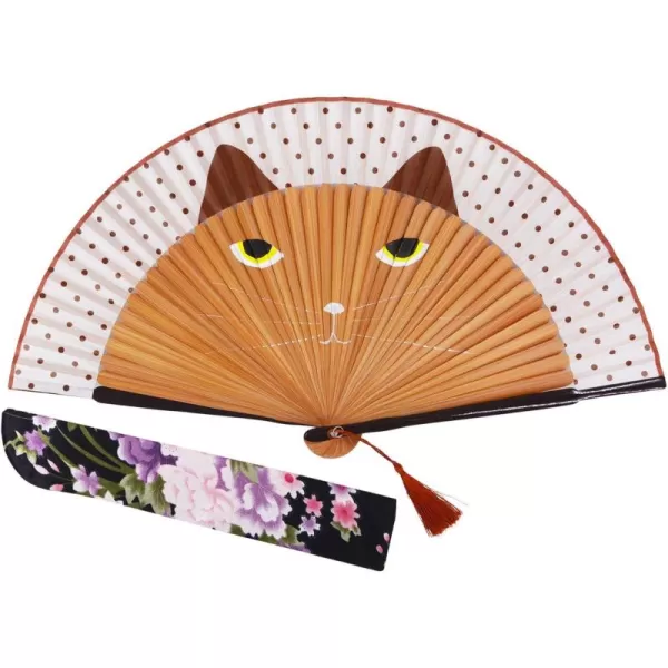 Amajiji Hand fans for women Folding fan Women Lovely Brown Cat Folding Silk Fan Handheld Fan for Wedding Dancing Church Party Gifts  With a Fabric Sleeve for Protection Brown